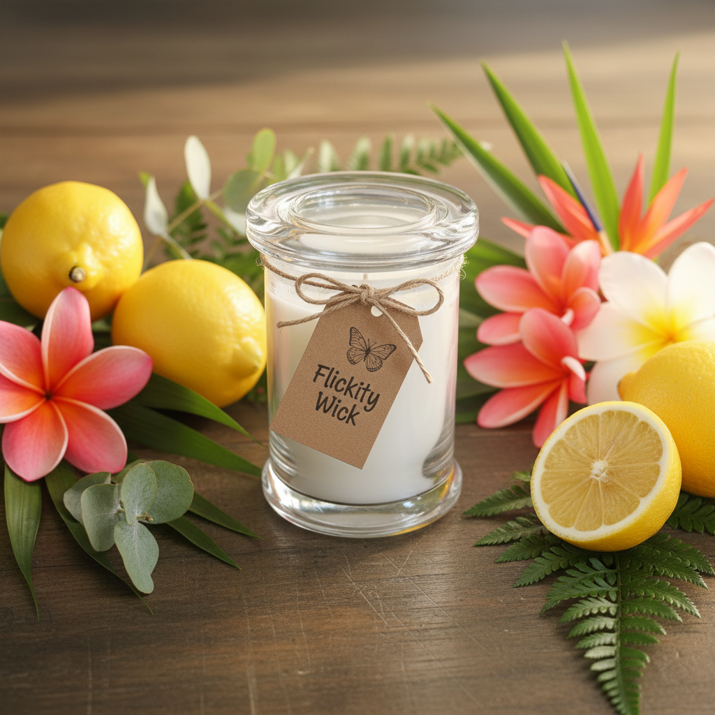 Lemon Grove 8oz soy candle in a clear hourglass glass jar with Flickity Wick butterfly tag